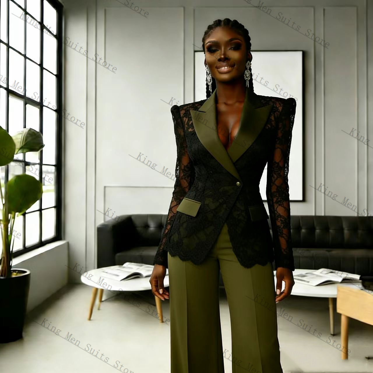 Women'S Green Formal Wear - Yeşil Siyah Dantel Kadın Takım Elbise