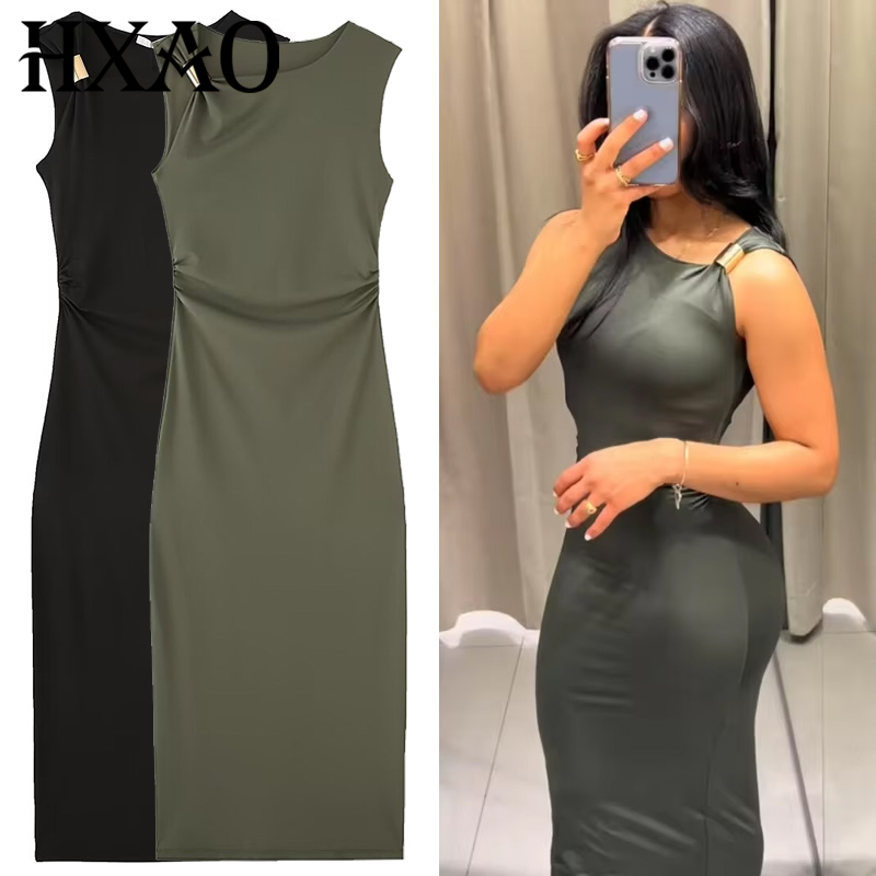 Women'S Green Formal Wear - HXAO Bayan Ruffled Bodycon Elbiseler Yeşil