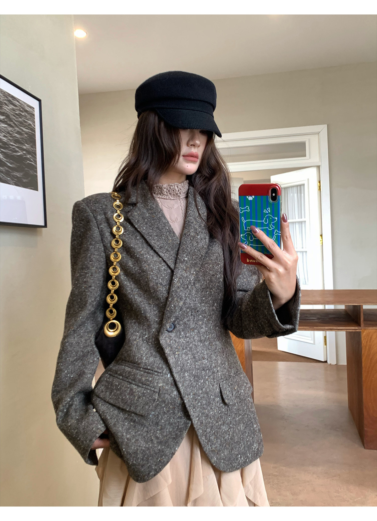 Tailored Coat Wool - 【MAR】Kadın Vintage Entelektüel Gri Blazer Asimetrik