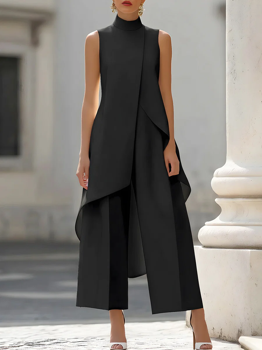 Formal Wear Women Us - Kolsuz Yüksek Yaka Asimetrik Katmanlı Tulum
