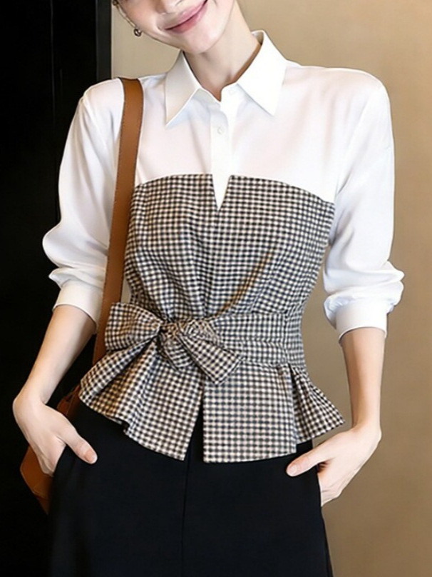 Yeni Beyaz Siyah Gingham Patch - Women Formal Wear White Shirt incelemesi ve fiyatı