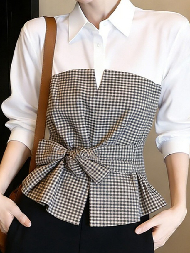 Yeni Beyaz Siyah Gingham Patch - Women Formal Wear White Shirt incelemesi ve fiyatı